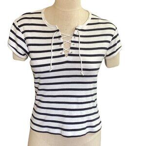 Request Striped Lace-Up Cropped Tee Top S/M 131P
